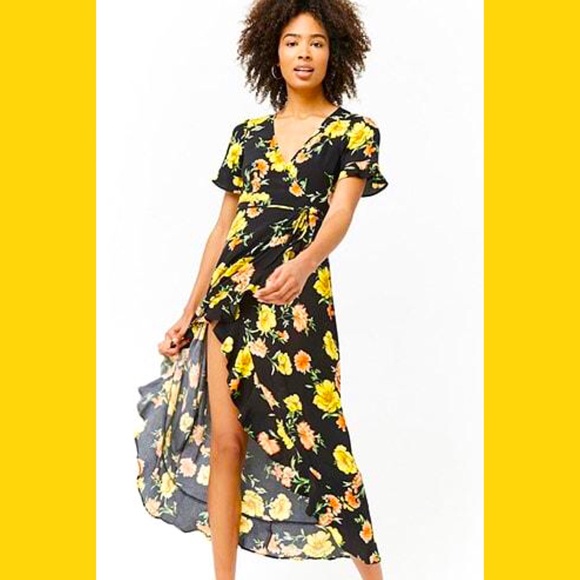 Forever 21 Dresses & Skirts - **HP** 🌻Floral Yellow & Orange Black Wrap Dress🌻